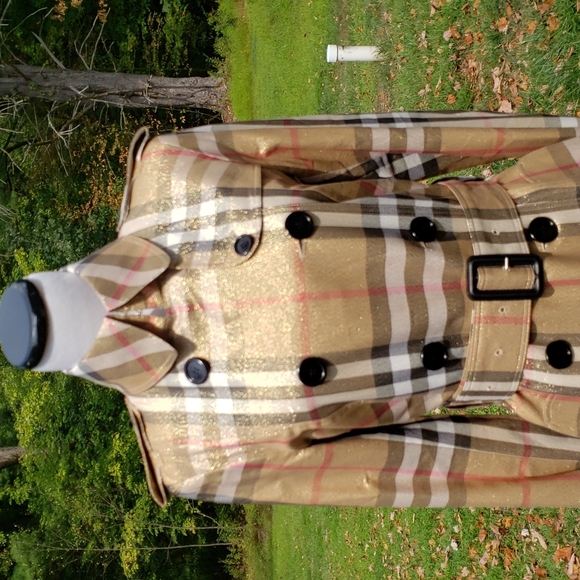 BURBERRY GOLD SHIMMER METALLIC CHECK PLAID TRENCH COAT - Picture 8 of 16